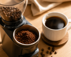 A close-up, angled shot of freshly ground coffee beans in a grinder next to a finished cup of coffee, on a light wooden table with soft natural morning light. No text, no logos. Style: warm, clean, premium editorial lifestyle photography, realistic.