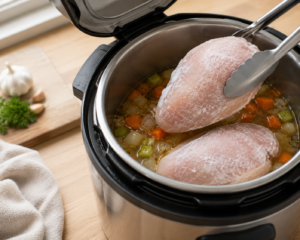 A close-up, angled shot of a finished bowl of shredded chicken and rice from a pressure cooker, garnished simply, on a light wooden table with soft natural daylight. No text, no logos. Style: warm, clean, premium editorial food photography, realistic.