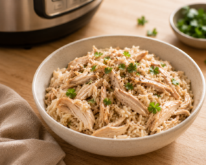 A close-up, angled shot of a finished bowl of shredded chicken and rice from a pressure cooker, garnished simply, on a light wooden table with soft natural daylight. No text, no logos. Style: warm, clean, premium editorial food photography, realistic.