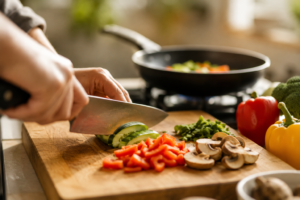 budget kitchen tools flatlay on wooden counter