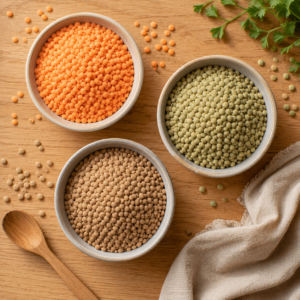 dried red and green lentils in bowls
