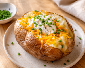 loaded baked potato with cheese and toppings
