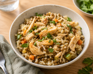 budget protein meal bowl with lentils and chicken