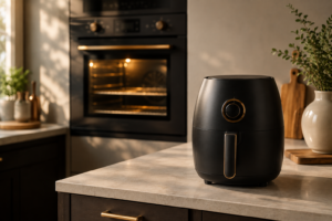 Air fryer beside an open oven illustrating the energy cost difference between the two