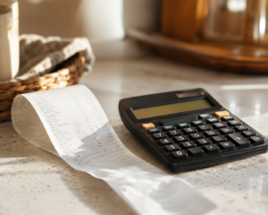 grocery budget planning with receipt and calculator
