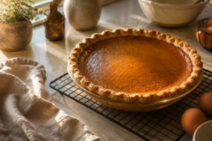 Homemade pumpkin pie cooling on a counter as a low-cost Thanksgiving dessert